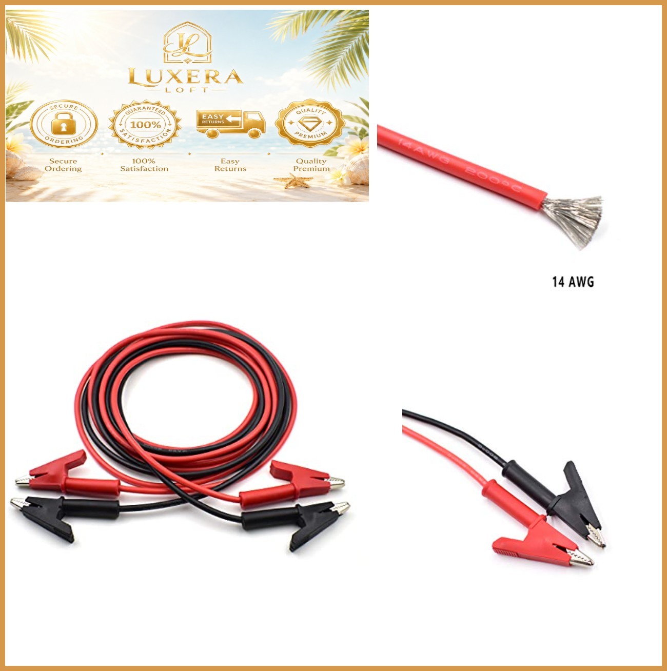 NEW 14 AWG Alligator Clip Test Leads Dual Ended 10mm 600V 20A 6.6ft Red Black