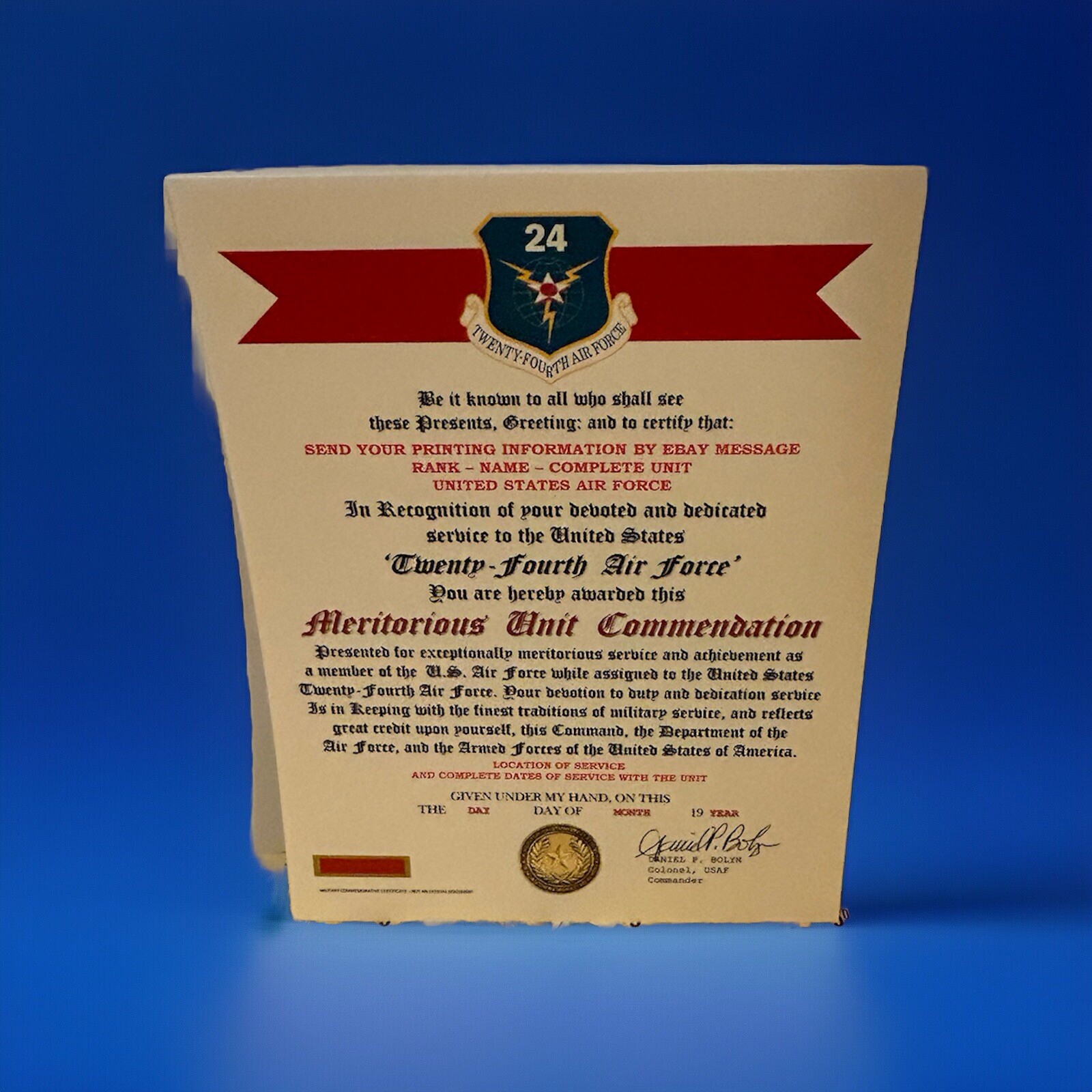 U.S. AIR FORCE / 24TH AIR FORCE - MERITORIOUS UNIT COMMENDATION CERTIFICATE