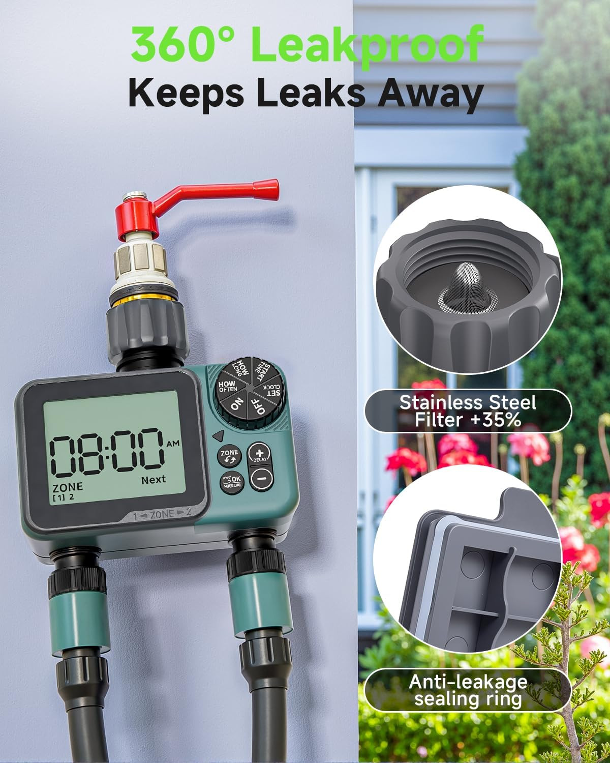 Sprinkler Timer 2 Zone & Digital Water Timer for Garden Hose, Yard, Lawn, Pool