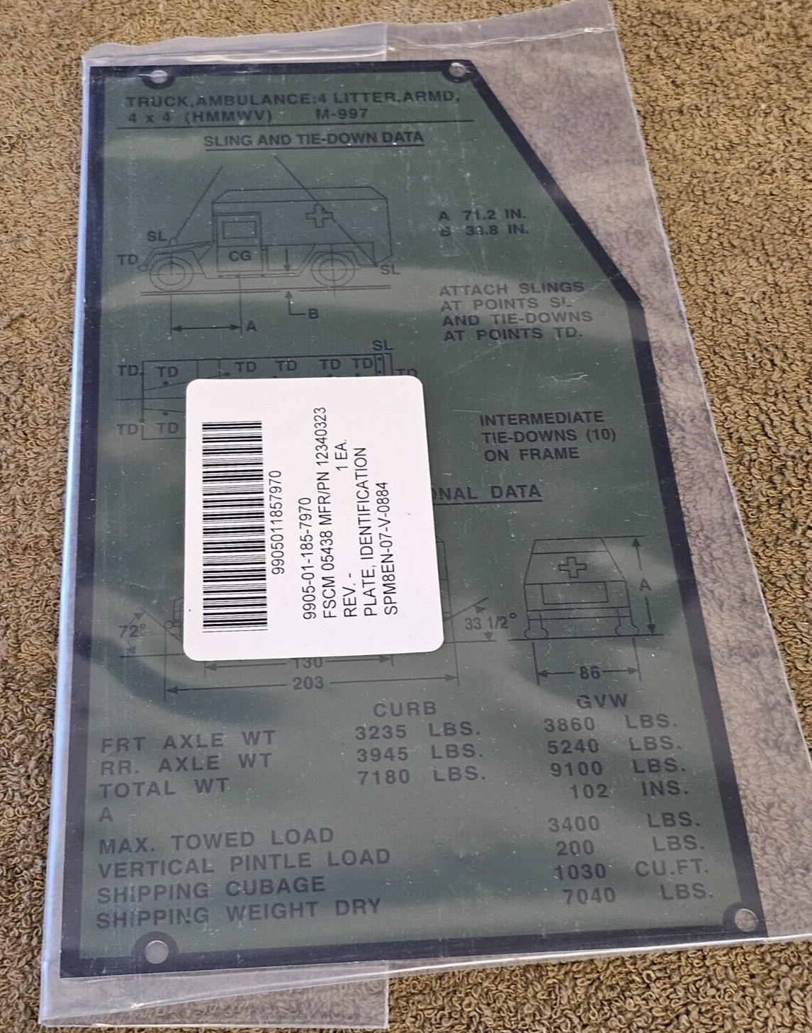 Hmmwv M997 4X4 Ambulance Truck Identification Still Plate 12340323 9905011857970