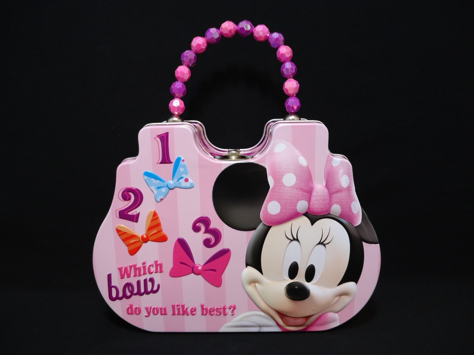 1 Disney Minnie Metal Purse With Buckle & Bead Handle Hand Bag Pink & Purple