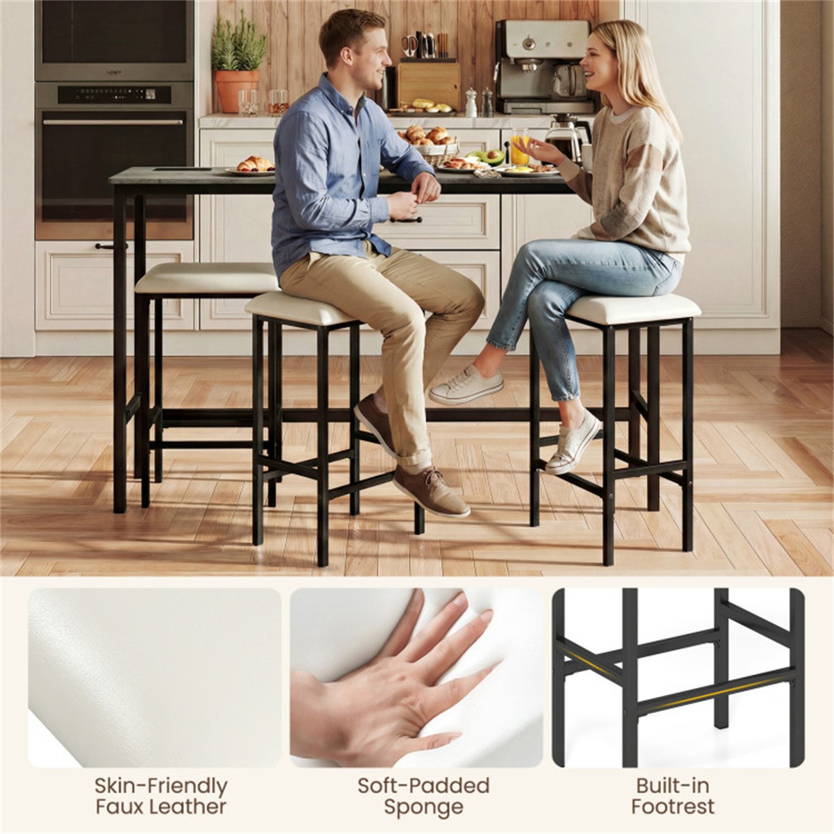 4 Piece Counter Height Bar Table Set with USB Ports Gray Pub Table with 3 Stools