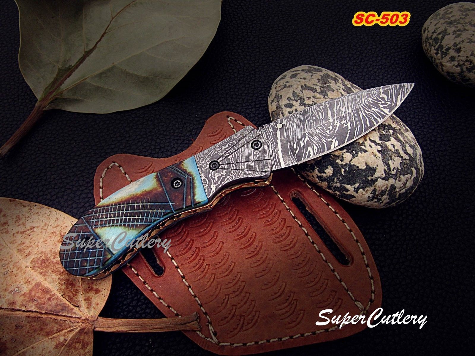 CUSTOM DAMASCUS STEEL POCKET FOLDING KNIFE- ENGRAVED FLAMED BONE LINER LOCK