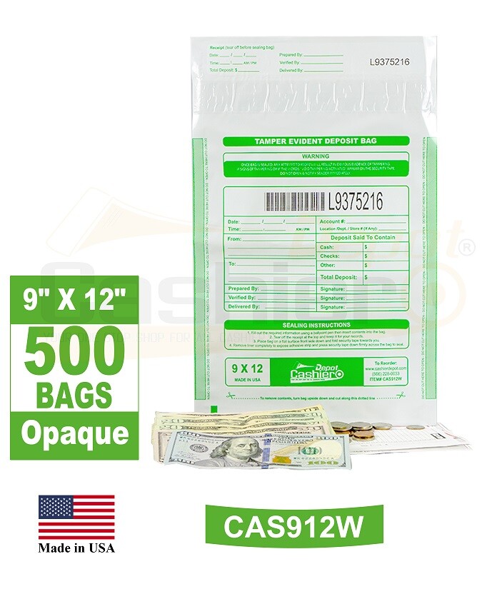Tamper Evident Deposit Bags, 9" x 12" White(Opaque), Serialized Barcode, 500Ct