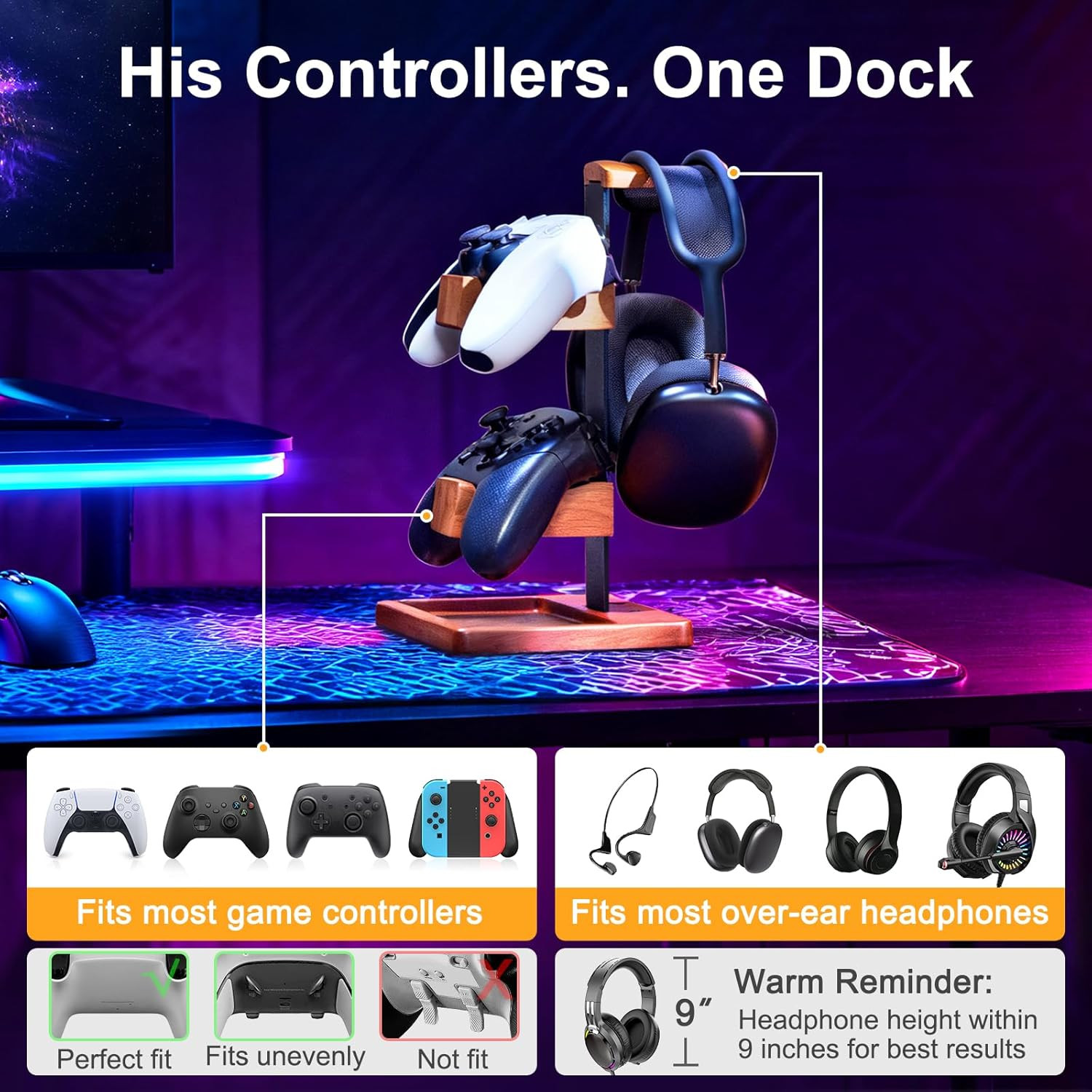 Solid Wood Controller Holder and Headphone Stand, Gaming Controller Stand for De