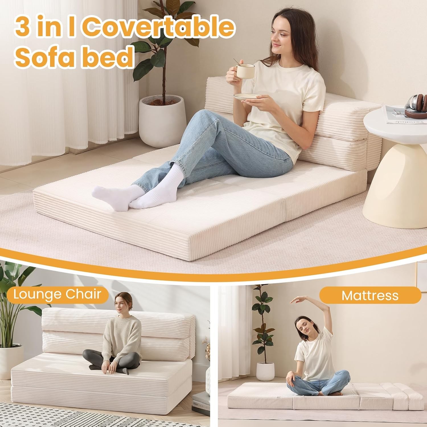 Folding Mattress Full 3 in 1 Convertible Sofa Bed Foldable Couch Bed Floor Couch