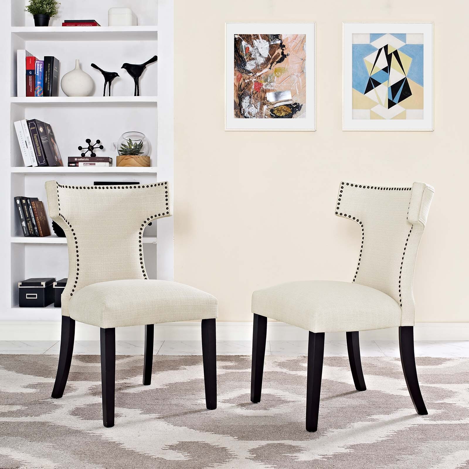 Upholstered Fabric Nailhead Dining Chair With Wood Legs in Beige - Set of 2