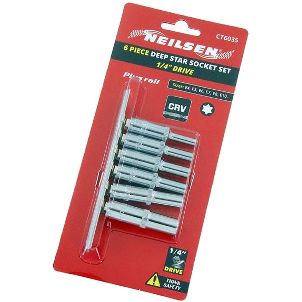 Neilsen Deep Star Profile Sockets E4 - E10 Socket Set 5pc 1/4" Socket Rail
