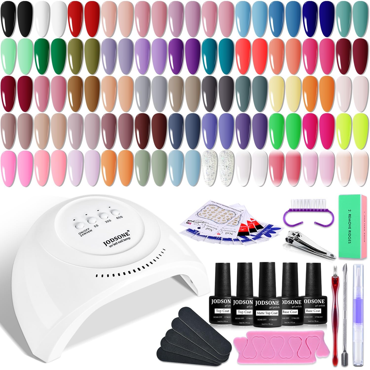 Jodsone Gel Nail Polish Kit 60 Pcs U V Light Soak Off Base Top Coat 55 Shine
