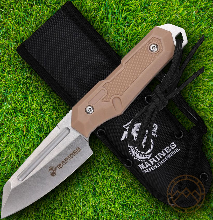 USMC Fixed Knife 3.63" Satin Full Tang 3Cr13MoV Steel Blade Tan Nylon Handle