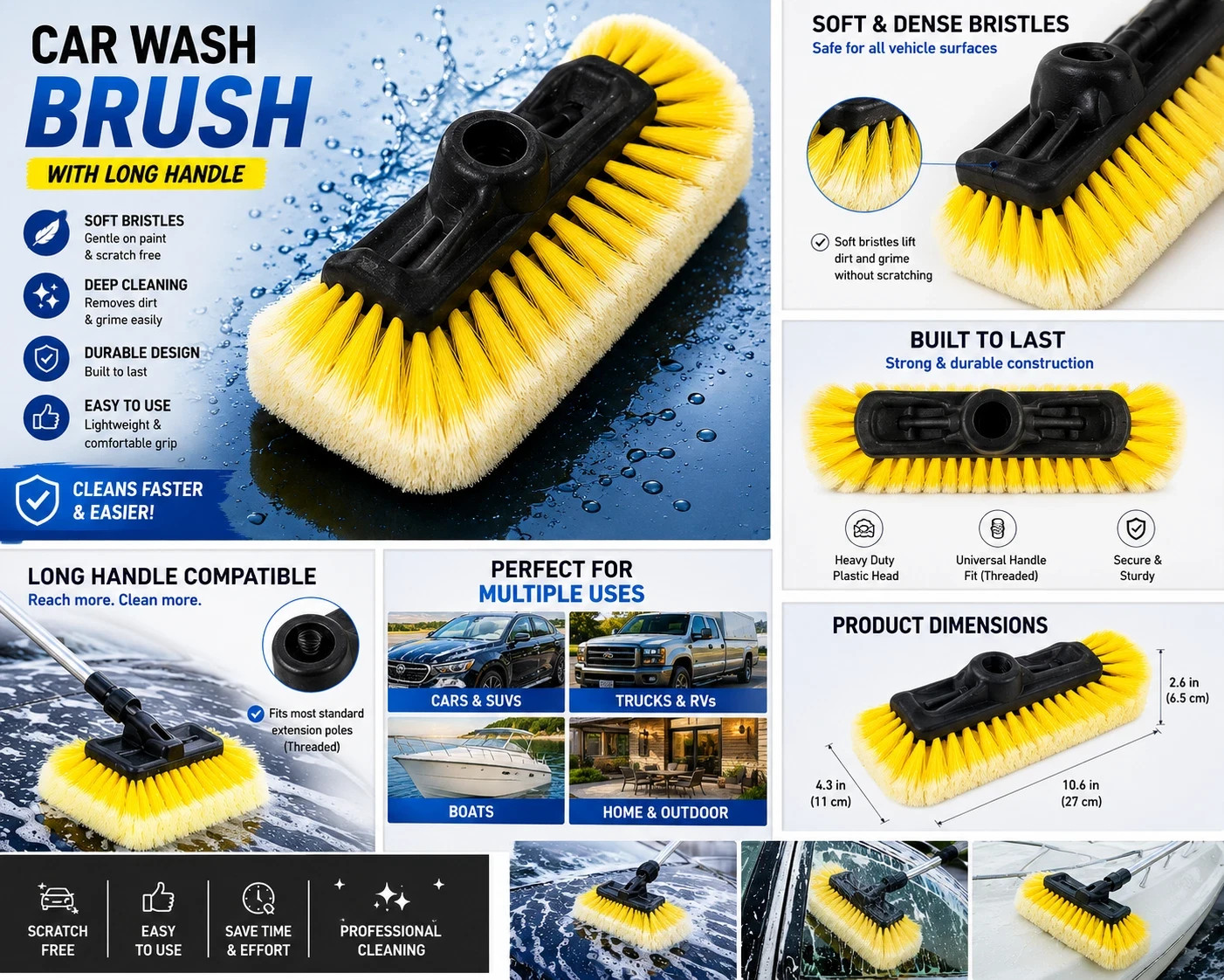 soft bristle car wash brush head- gentle auto cleaning tool