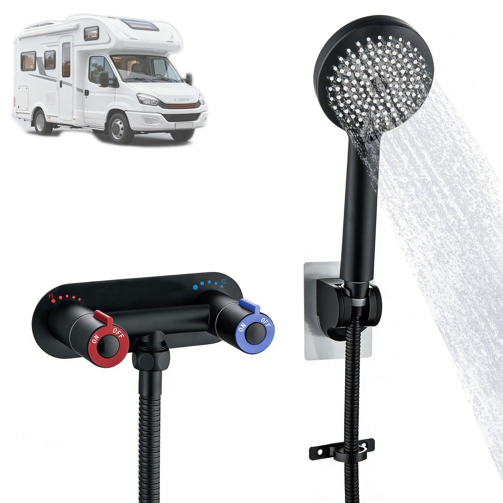 RV Shower Faucet with Hose and Head, 4" Stainless Steel RV Shower Faucet Kit, 5