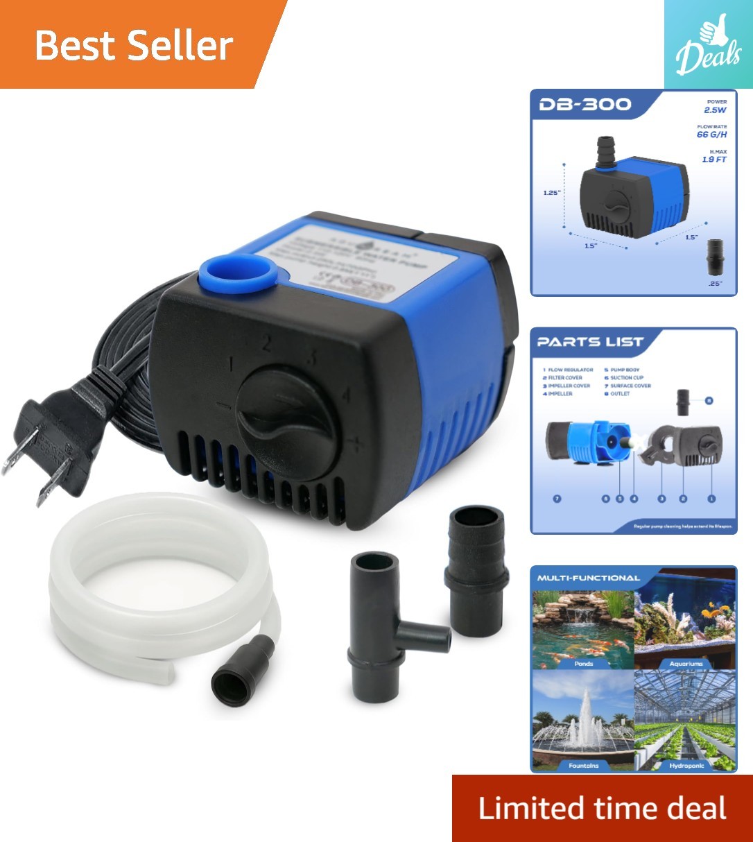 Adjustable Flow 66 GPH Submersible Pump - Reliable for Aquariums & Fountains