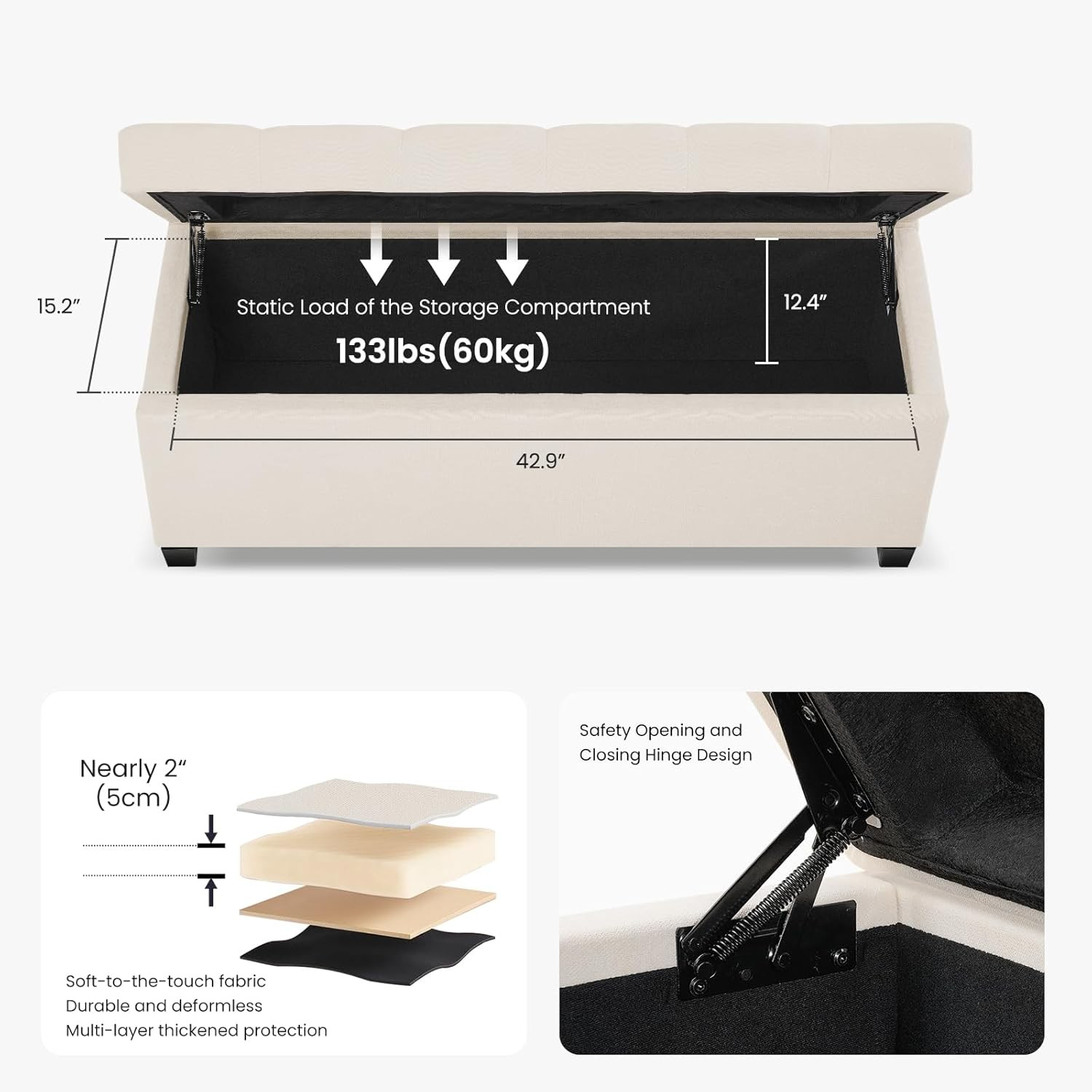 47.2" Ottoman with Storage, Storage Ottoman Bench with Safety Hinge,Tufted End o