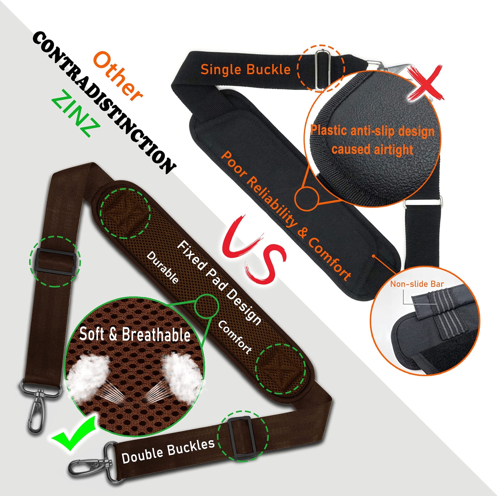 ZINZ Shoulder Strap, 57" Padded Adjustable Shoulder Bag Strap (Brown)