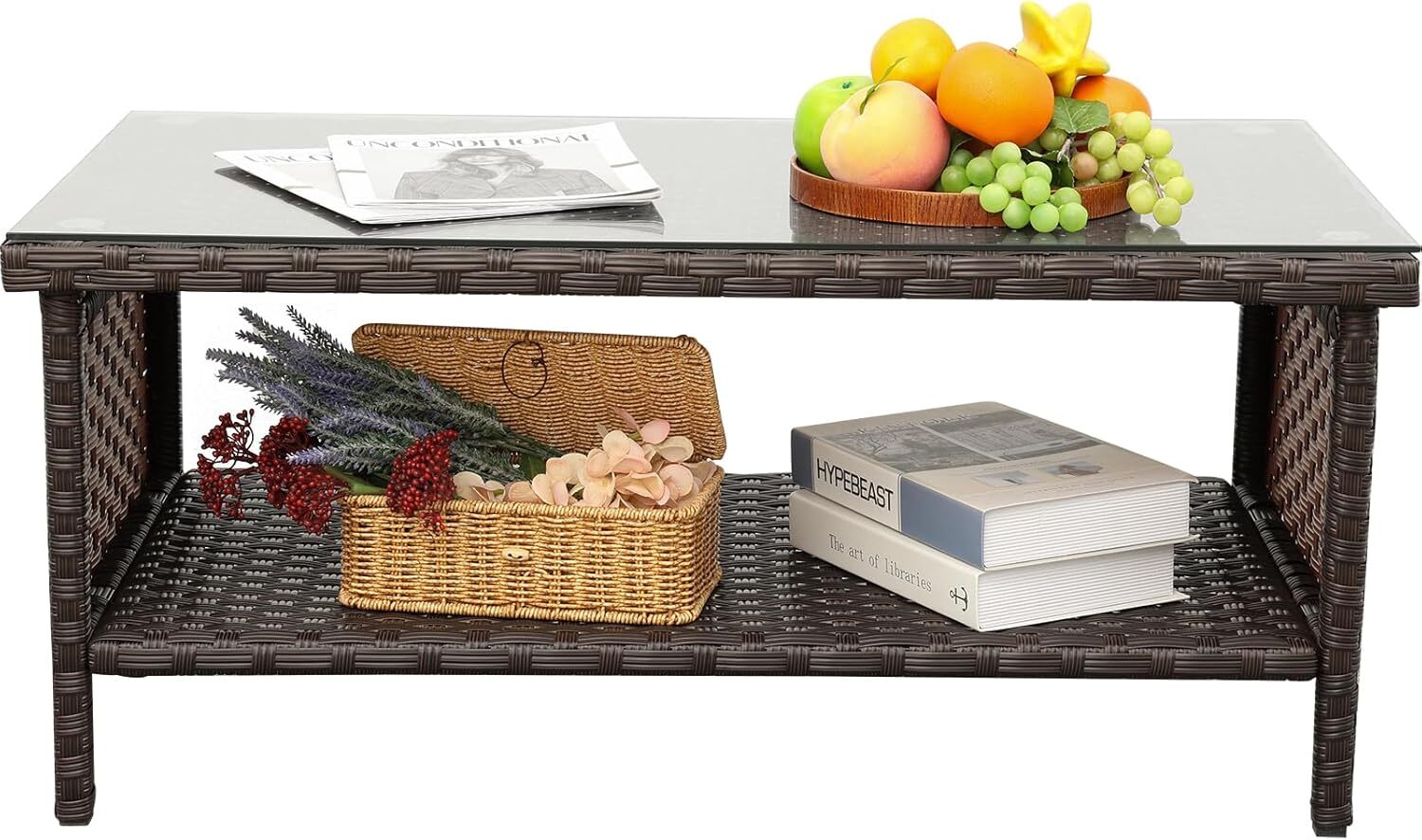 Outdoor Wicker Coffee Table Garden Rattan 2-Layer Glass Table , Brown