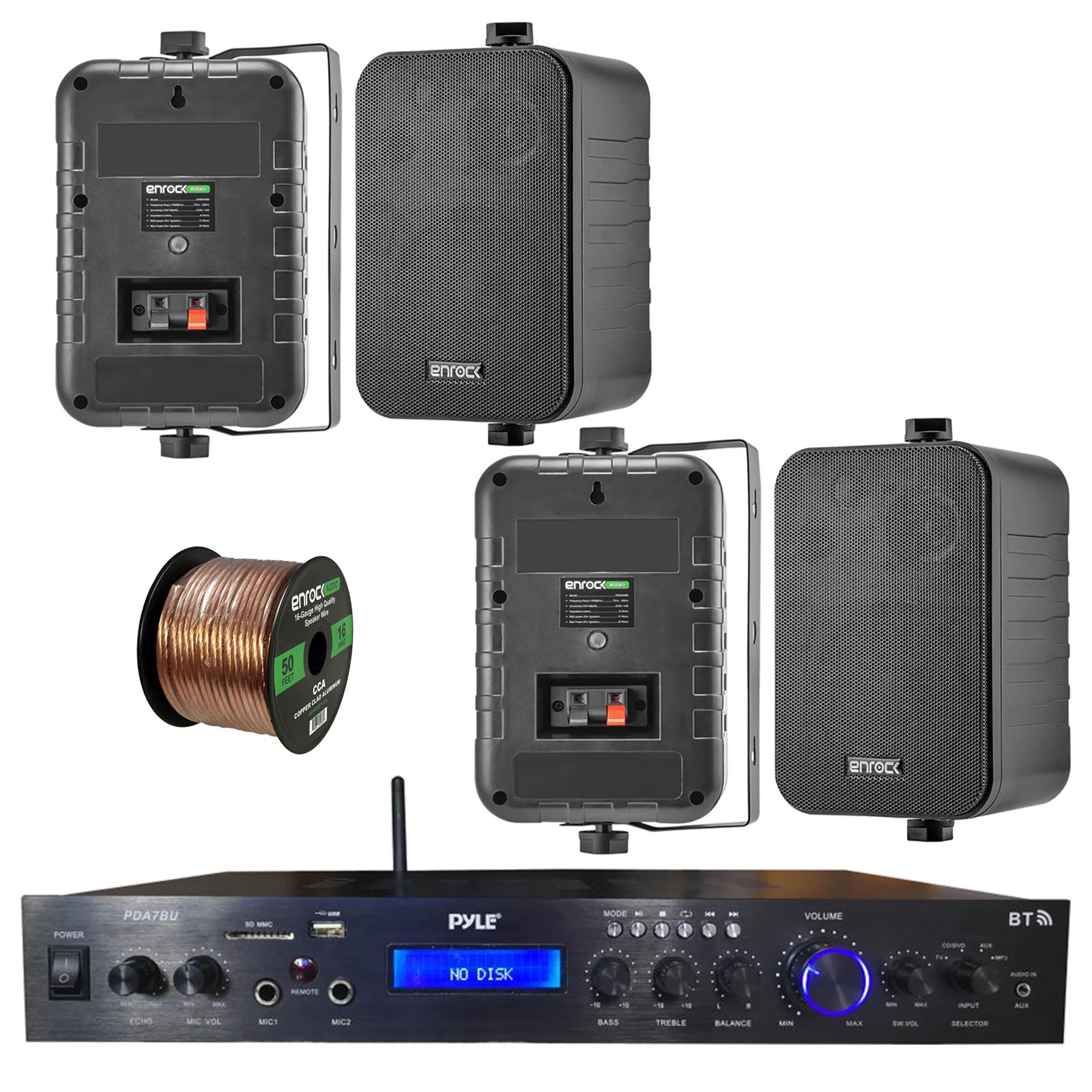 Home Amplified Bluetooth MP3 Receiver, 4x 4" Box Black Speakers, 16-G 50 Ft Wire