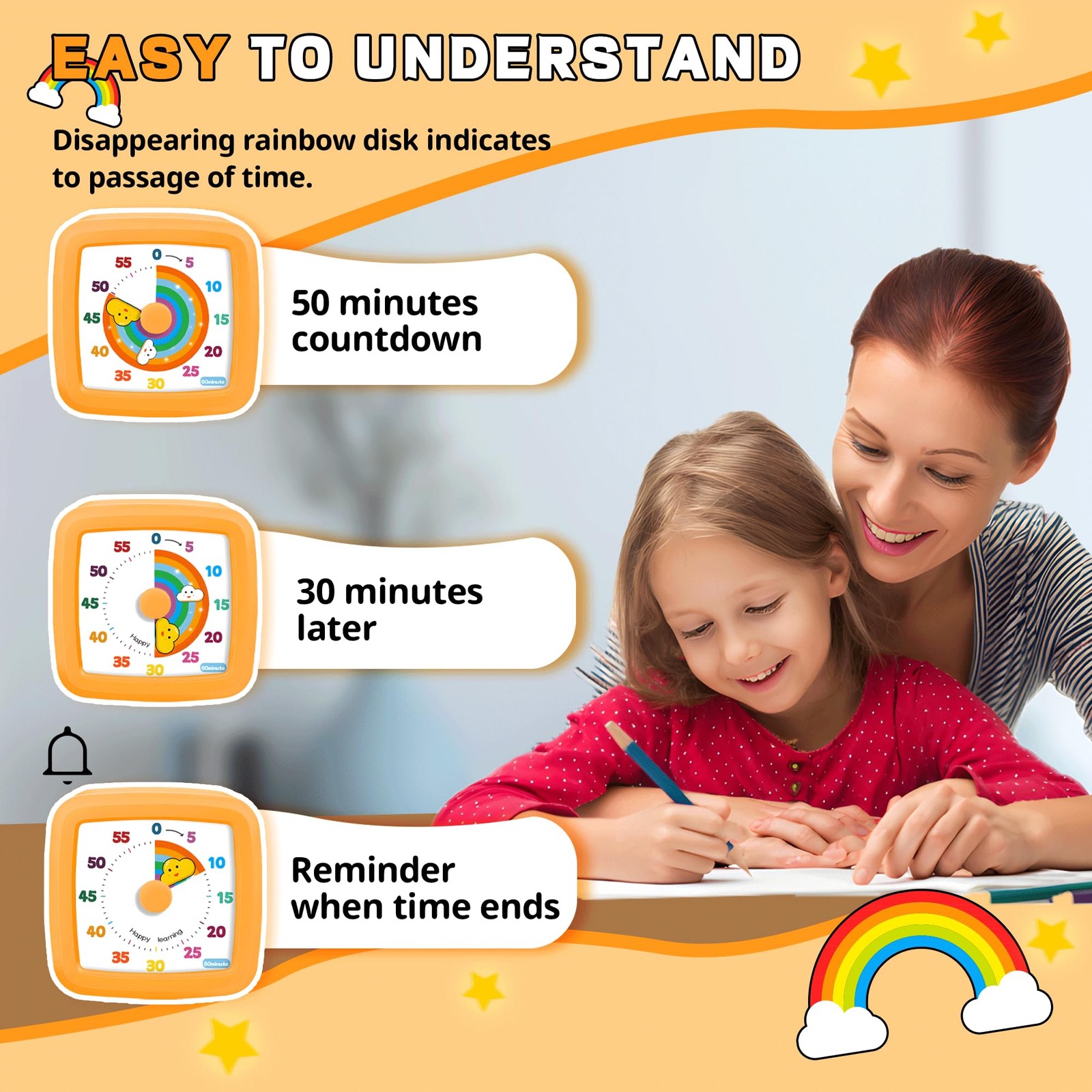 Visual Timer for Kids 60 Minute, Rainbow Countdown Clock with Silent Operation