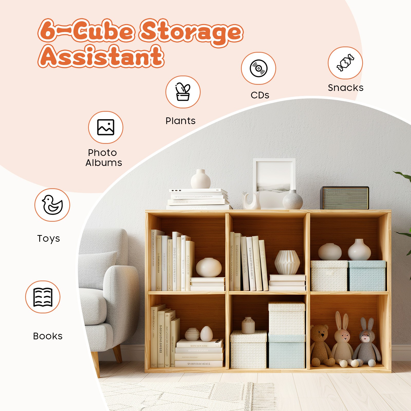 Solid Wood Bookcase with 6 Cubes - Stylish Storage & Elegant Design
