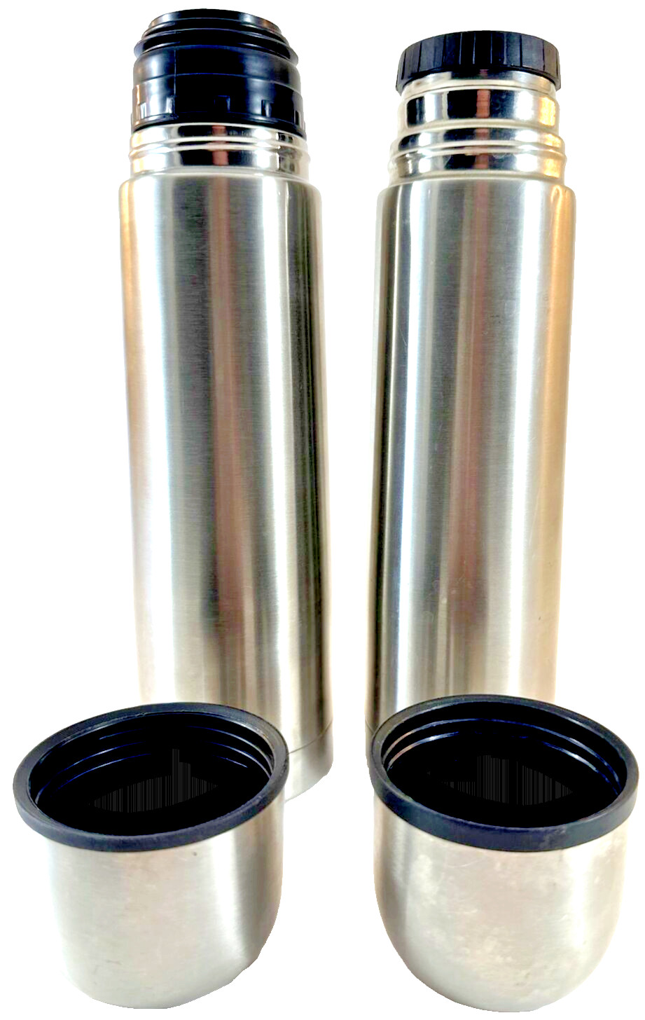 Brushed Silver Aluminum Thermos, Lot of 2, Cup Lid, 10" Tall, used (DD2)