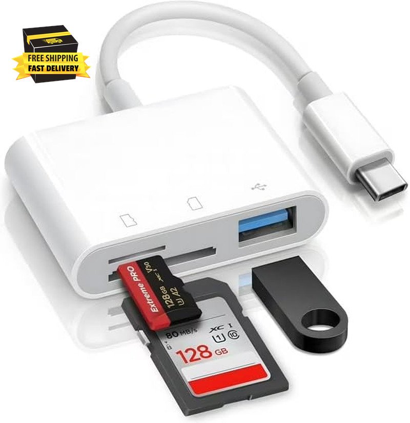 USB C SD Card Reader for Iphone 15 Ipad Mac 3 in 1 USB-C Memory Trail Camera Car