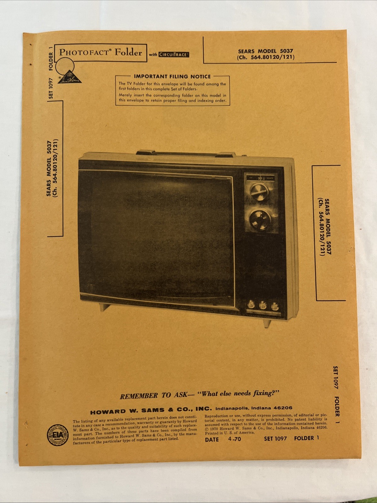 Vintage Sams Photofact Schematic 4-1970 SEARS MODEL 5037 ( Ch. 564. 80120 / 121)
