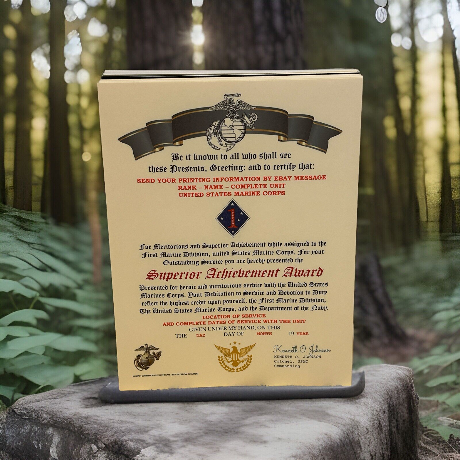 U.S. MARINES / 1ST MARINE DIVISION - SUPERIOR ACHIEVEMENT AWARD CERTIFICATE