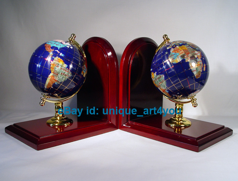 7" Tall pair of Blue Lapis Ocean wood base Gemstone Globe Bookend