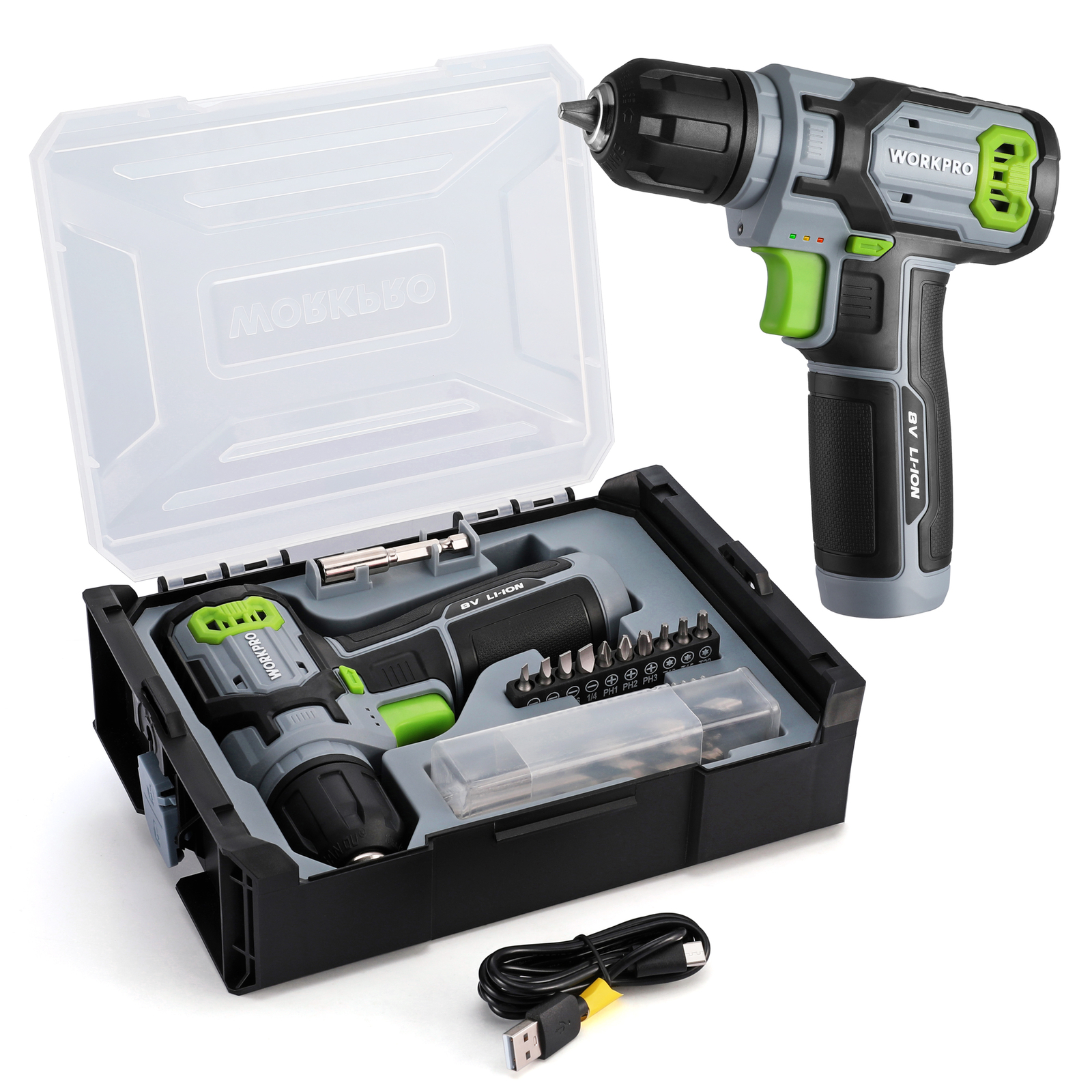 8V Cordless Power Drill Set&Stackable Tool Box w/3/8" Keyless Chuck