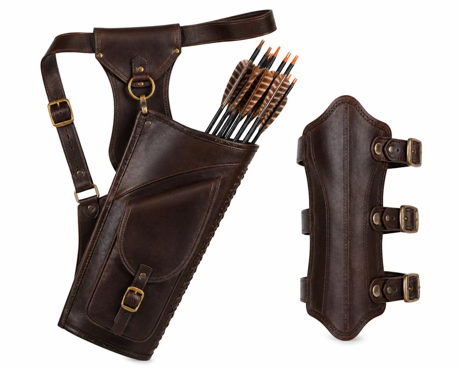 Dark Brown Leather Archery Quiver Arm Guard Set Traditional Hunting Gear Quiver