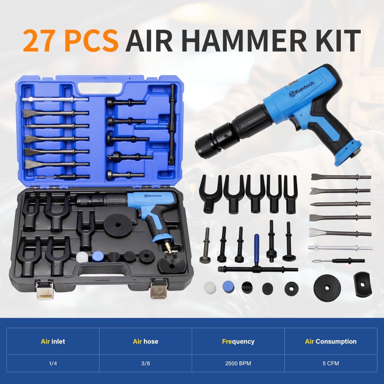 27PCS Air Hammer Kit Multi-functional Pneumatic Hammers Piece Chisel Set 2500BPM