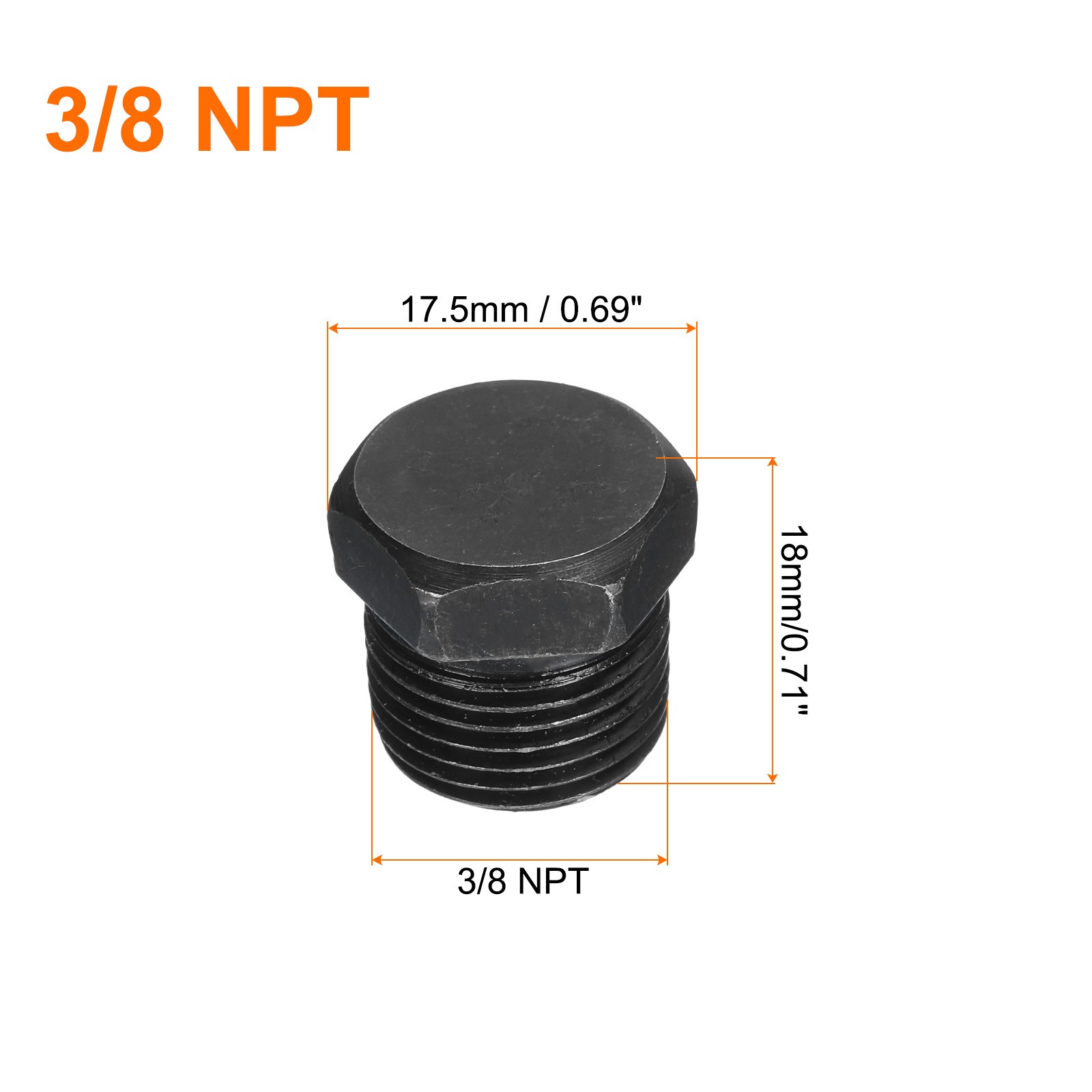 3/8 NPT Male Outer Head Hex Thread Socket Pipe Plug Fitting, 5Pcs, Black