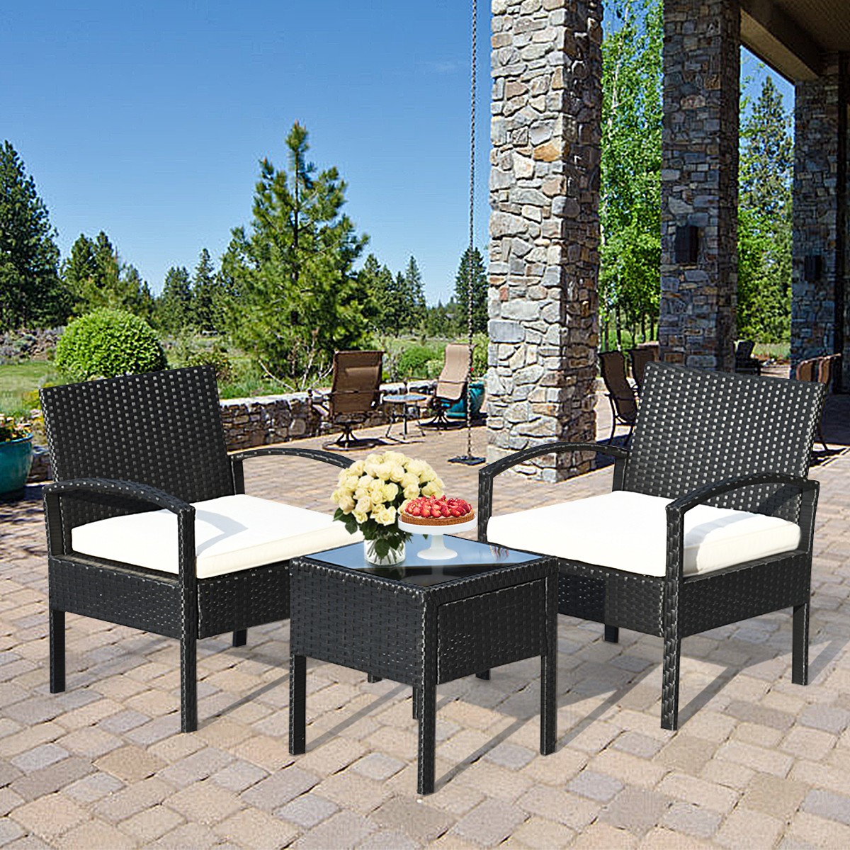 3PCS Rattan Wicker Table Chair Set PE Outdoor Sofa Couch Furniture w/ Cushion