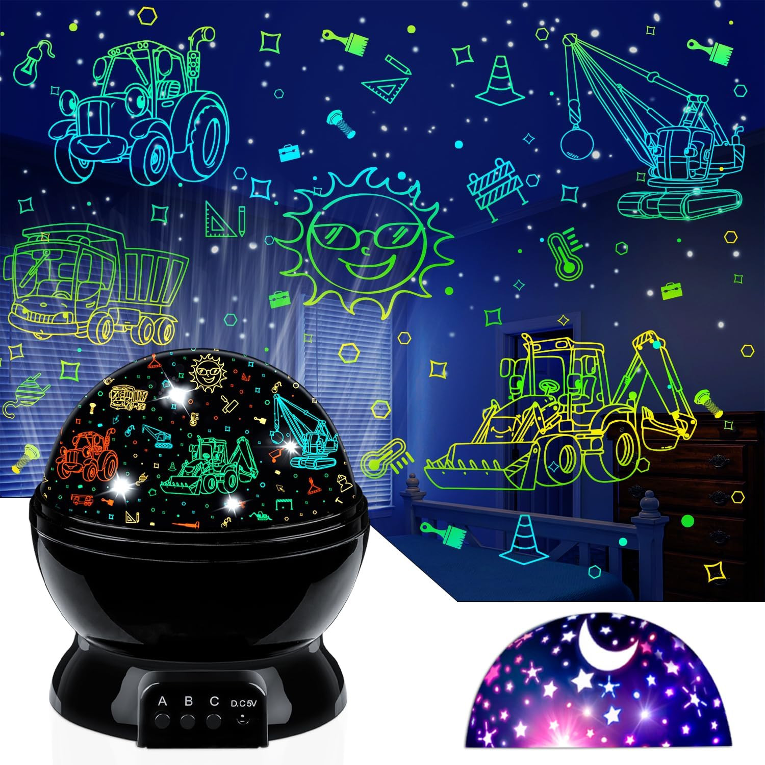 Car Truck Night Light Projector Toys for Boys Age 3-5 Toddler Tractor Nightli...