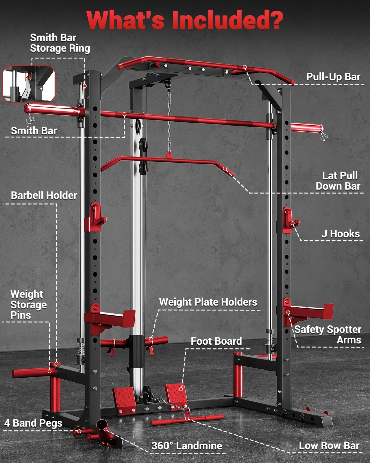 Smith Machine Power Cage w/ Barbell Bar, Cable System, LAT Pulldown for Home Gym