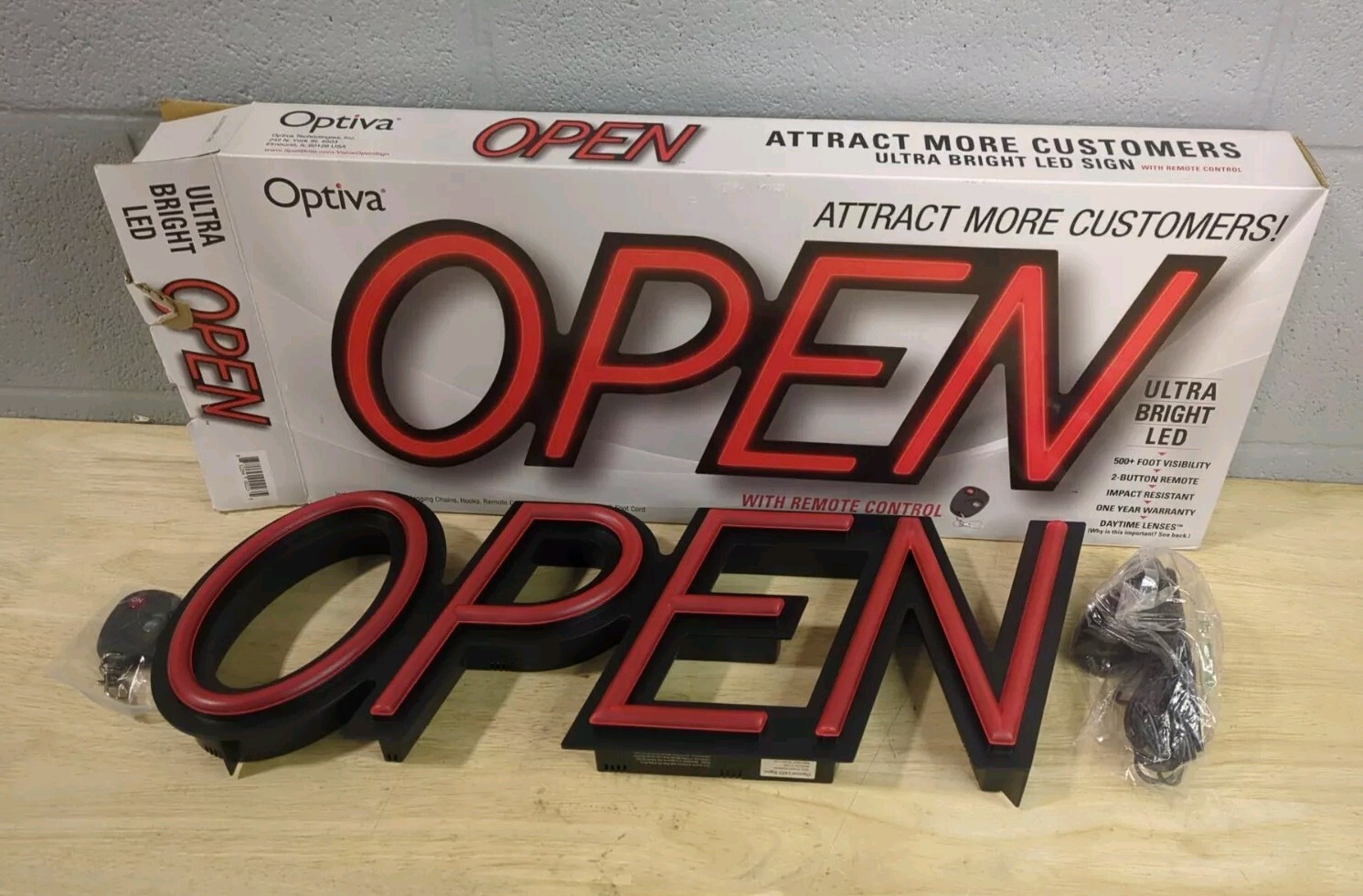 OPEN Sign with Remote Control 19.5" Ultra Bright LED-Optiva S-SGN-06005-00 H4
