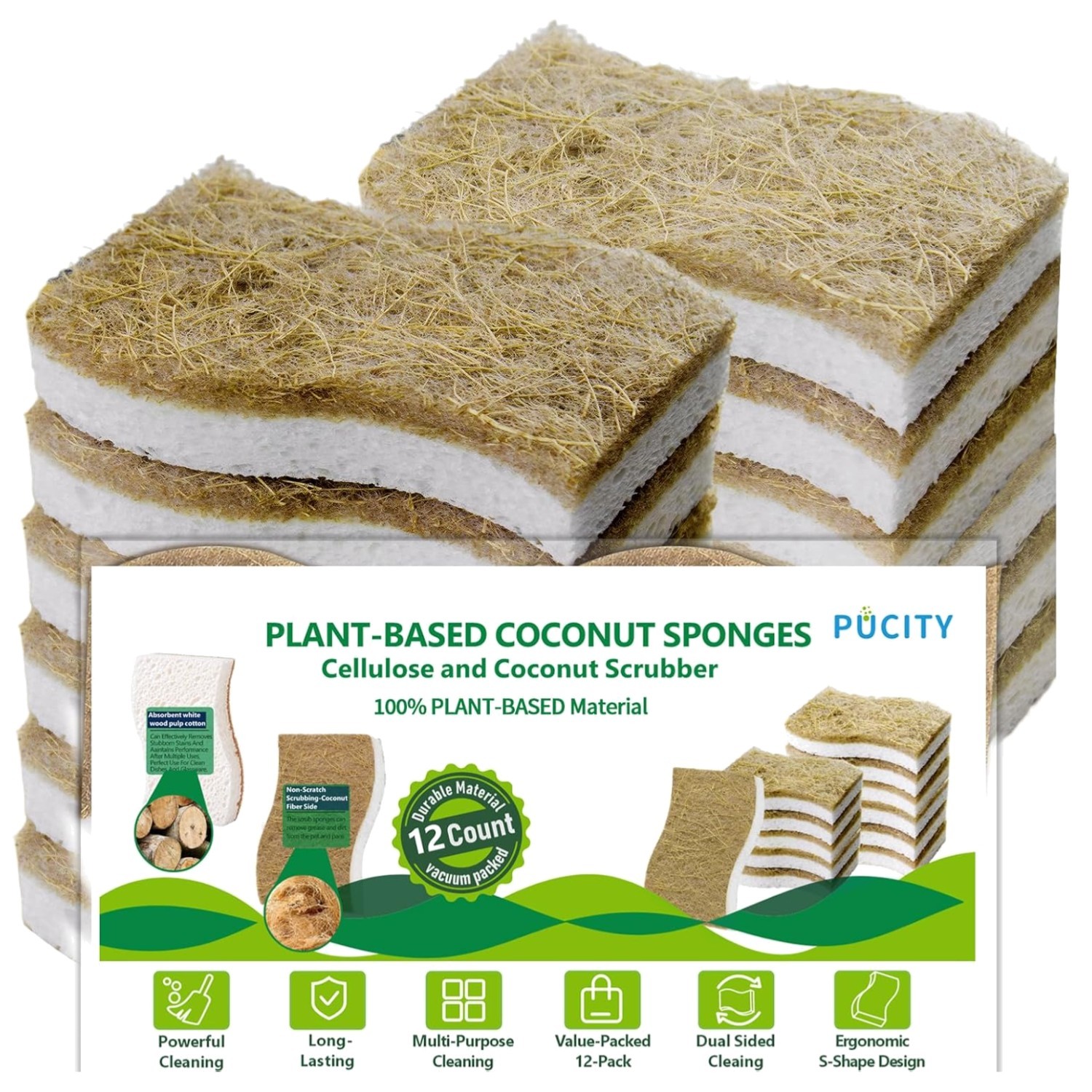 Natural Plant-Based Dish Sponges Pack of 12 Eco-Friendly Cellulose & Coconut ...