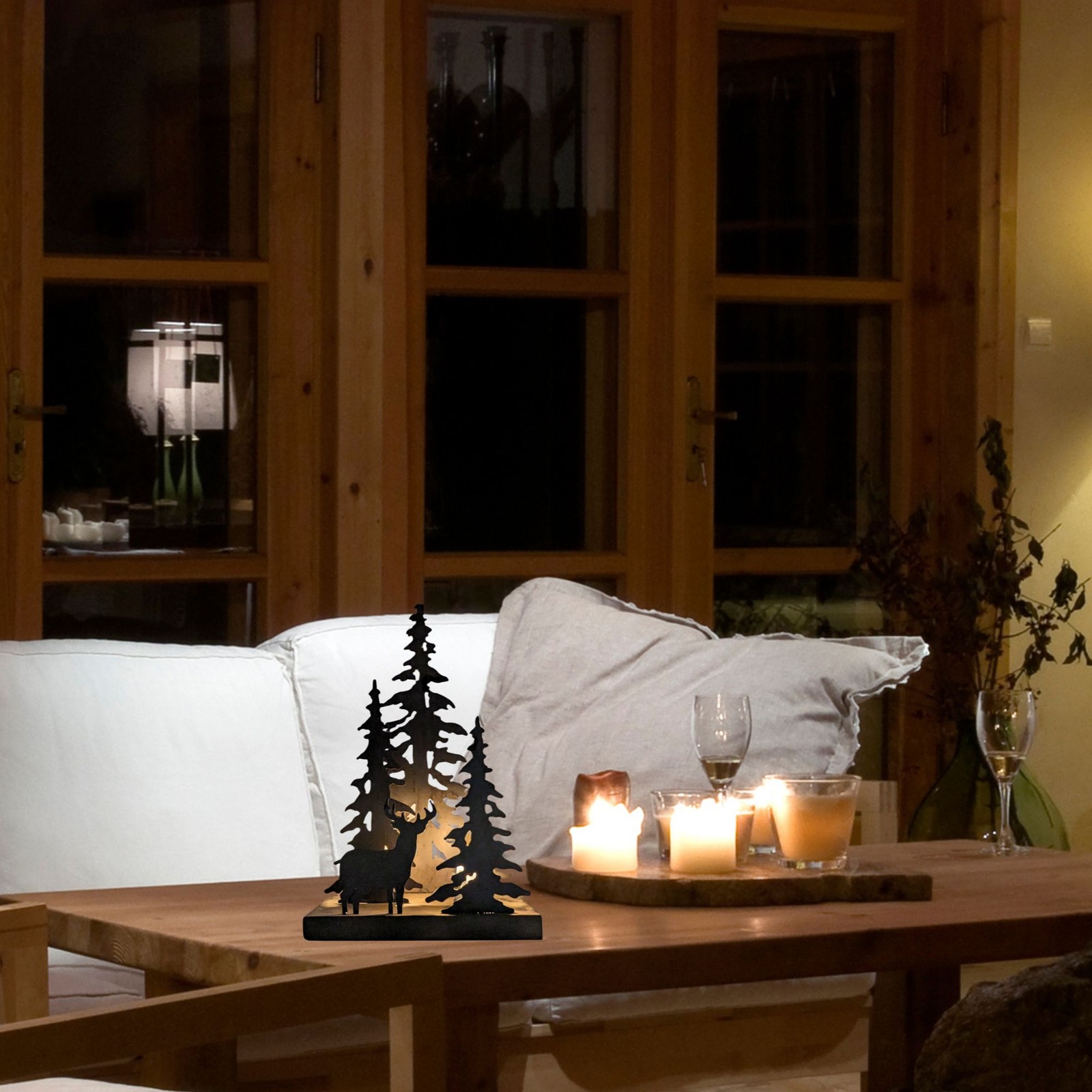 Rustic Deer Silhouette Lamp – Dark Brown Forest Table Light for Cabin Décor
