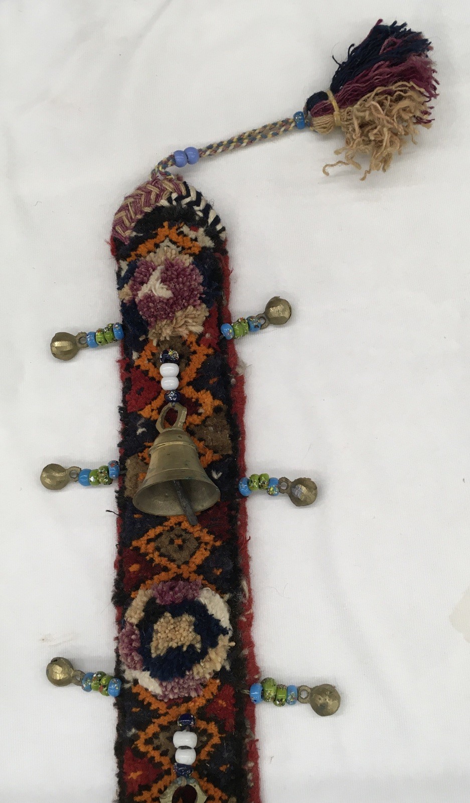 Hand Woven WOOL Wall Hanging w/4Brass Bells, 48” L x 3” W