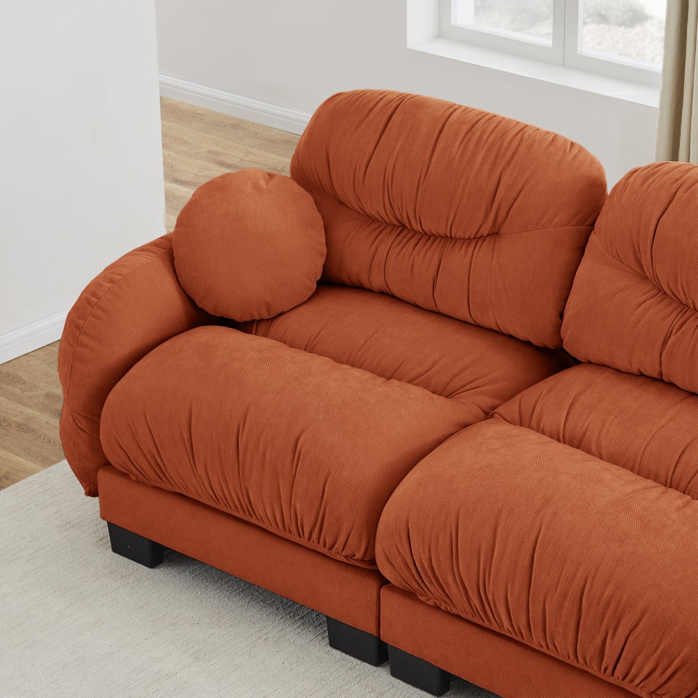 Orange L-Shape Sectional Sofa w/ Ottoman & Throw Pillows, Modular Chenille Couch