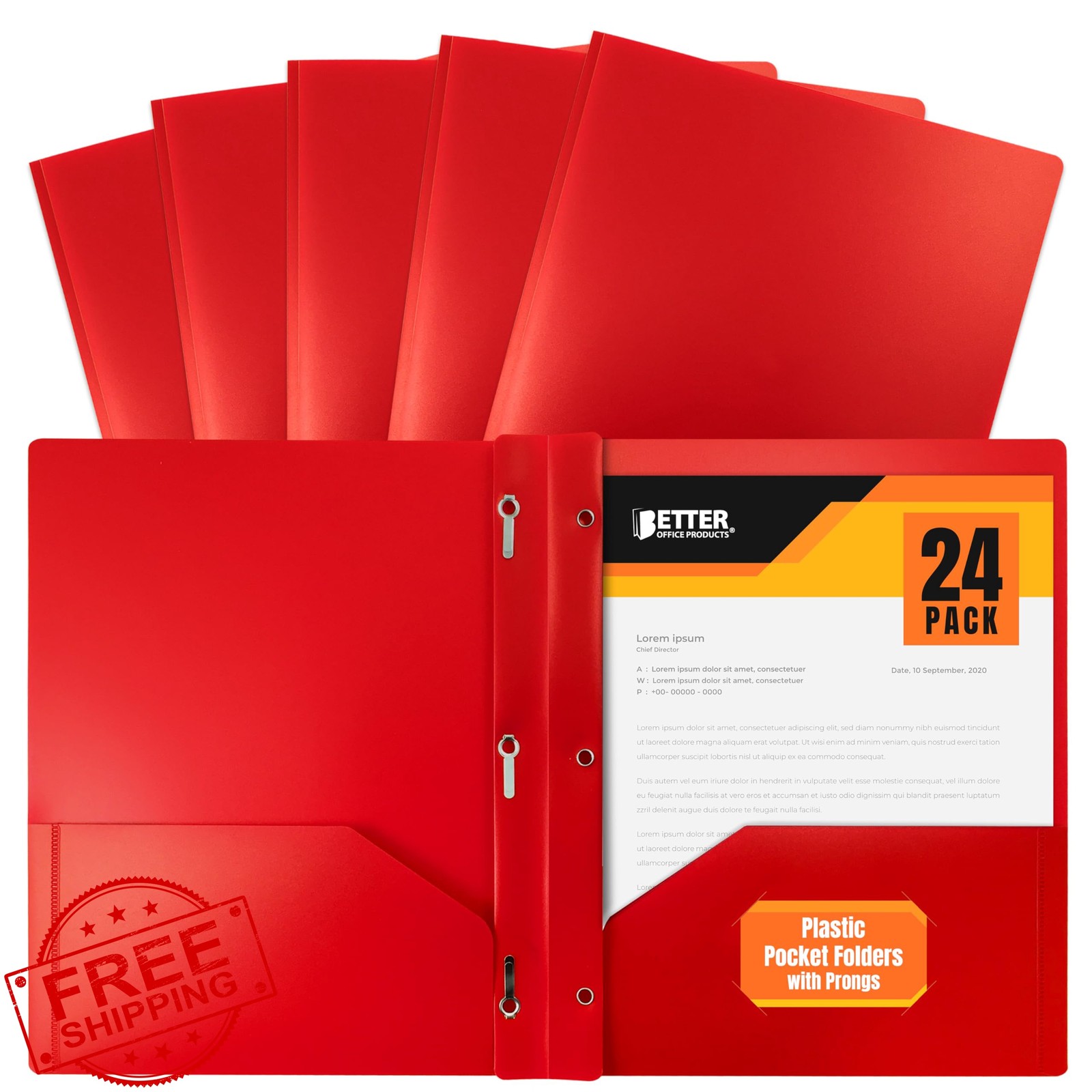 Better Office Products Red Plastic Folders 24pk