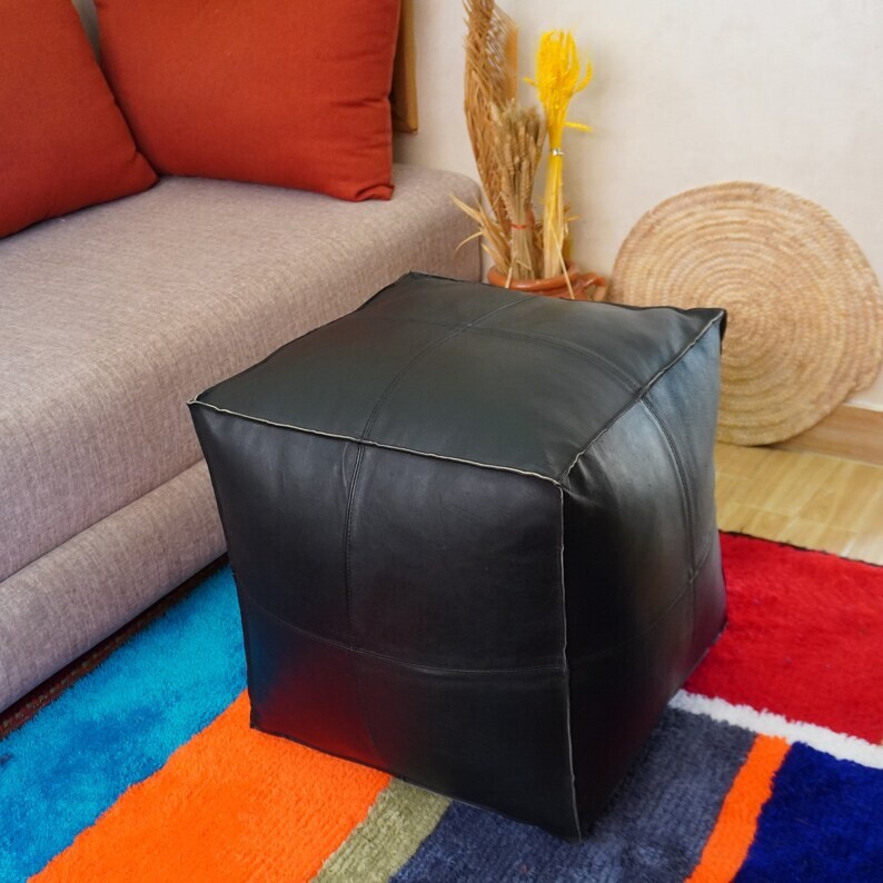 Leather Unstuffed Moroccan Genuine Ottoman Pouffe Footstool Boho New Black 20''