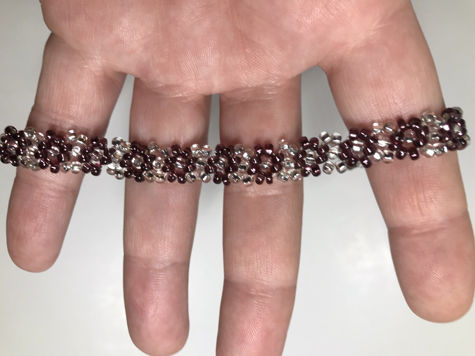 Handmade Artisan Beaded Bracelet Purple Silver Floral