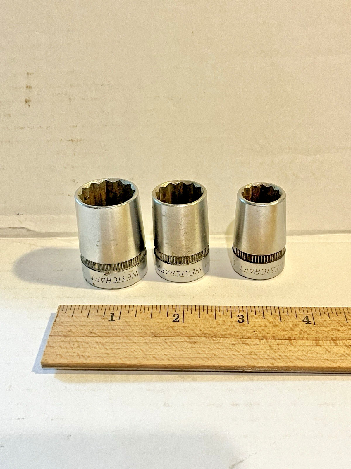 3 Westcraft Sockets, 1/2" drive, 9/16, 11/16, & 13/16", used