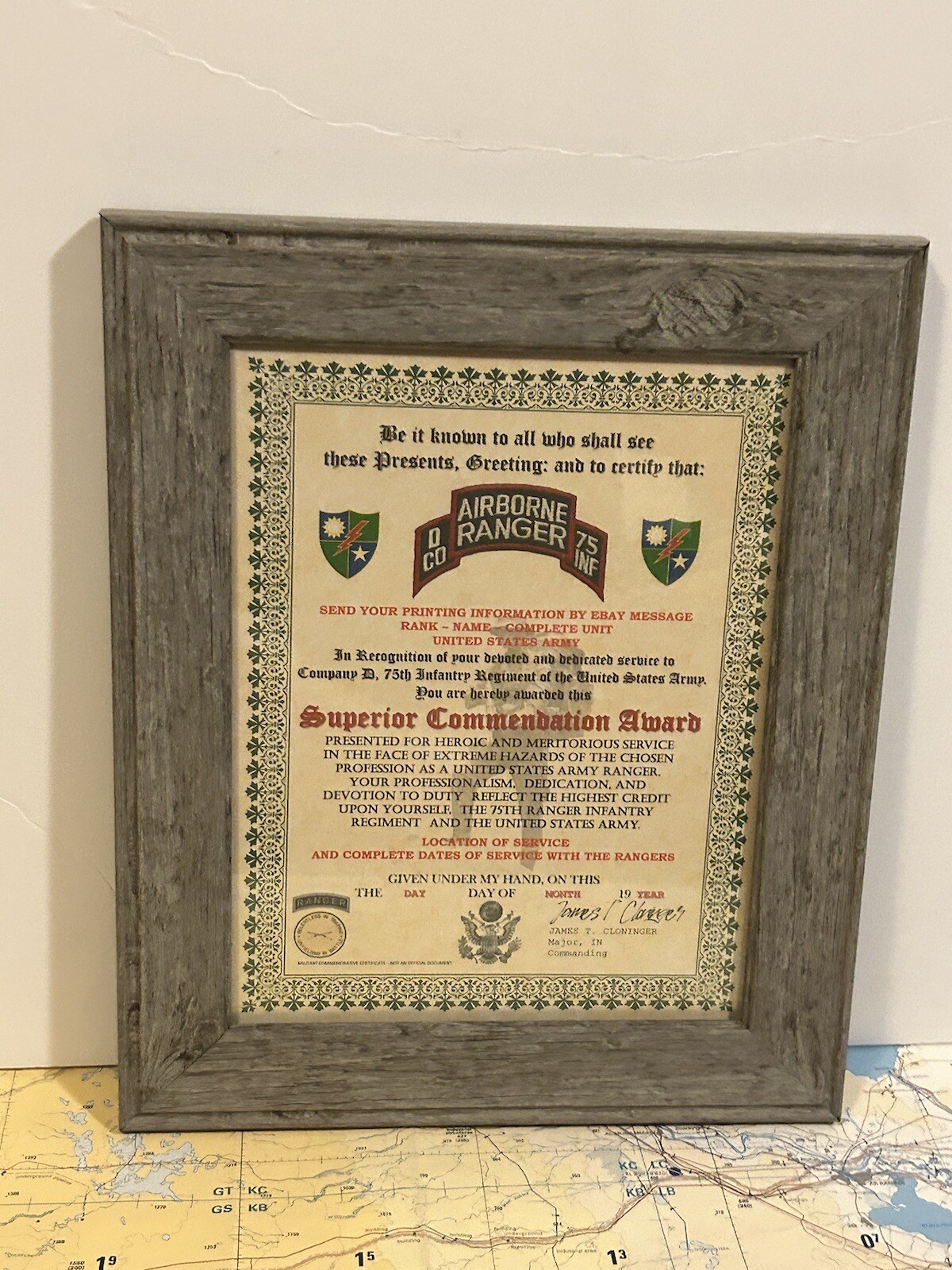 U.S. ARMY - 75TH RANGER / D CO - SUPERIOR COMMENDATION AWARD CERTIFICATE