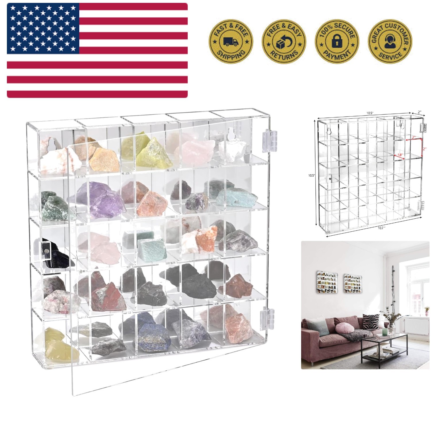 Mountable 25 Compartments  Acrylic Display Case Cabinet Stand with Mirrored B...