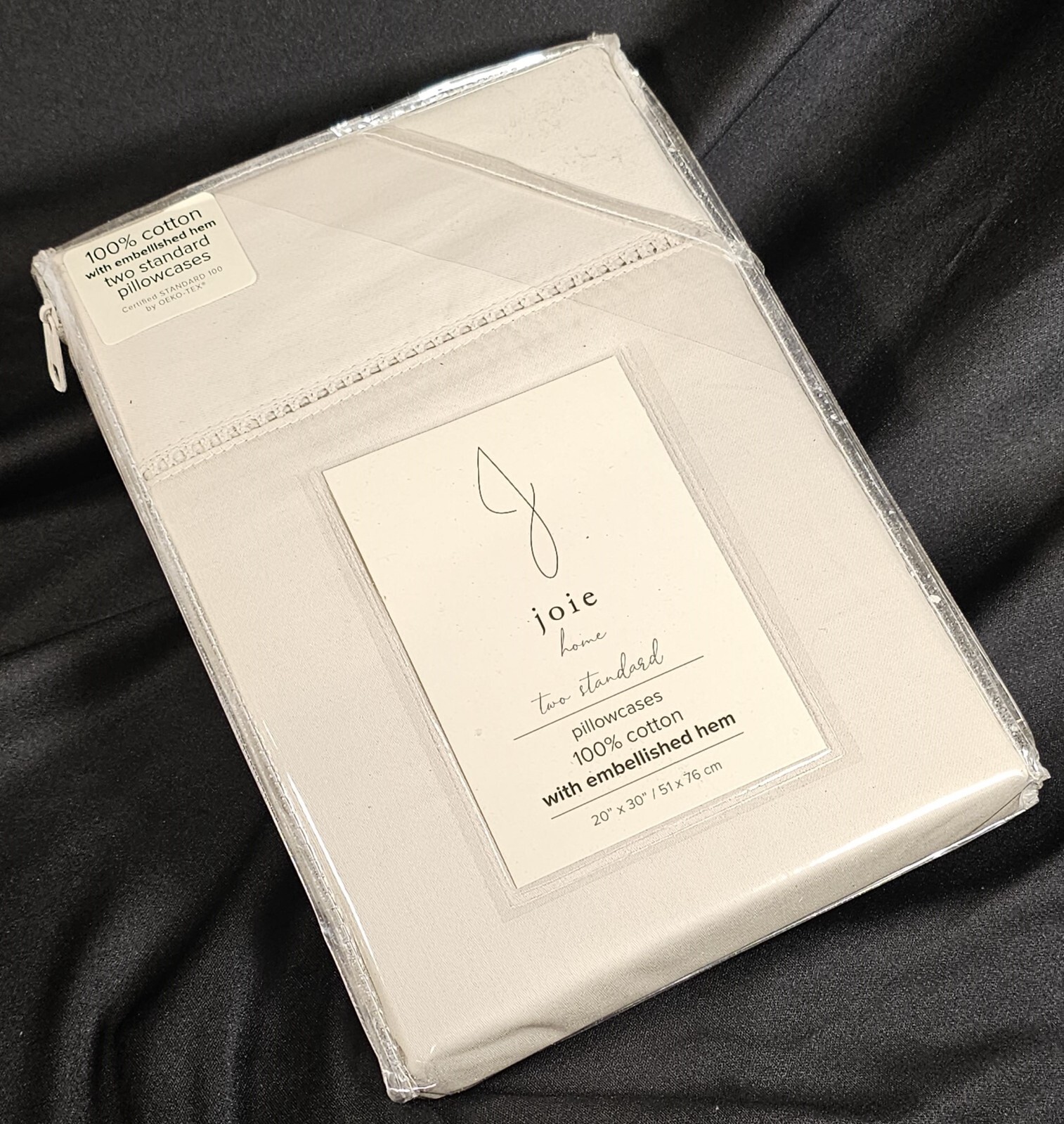 joie 2 Standard Pillowcases Beige 100% Cotton Embellished Hem 20"x30" SHIPS FREE