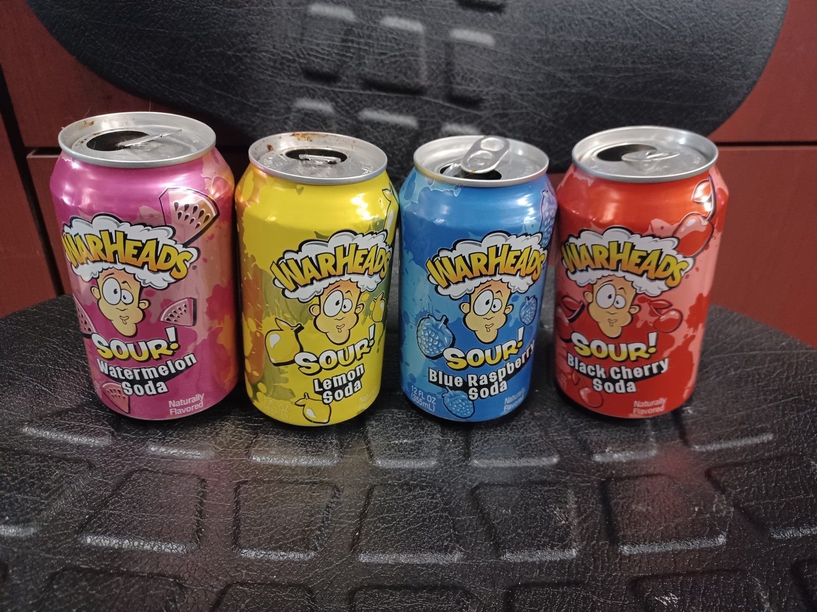 4 Empty Warheads Sour Soda Cans 12 Oz Watermelon Lemon Black Cherry Blue...