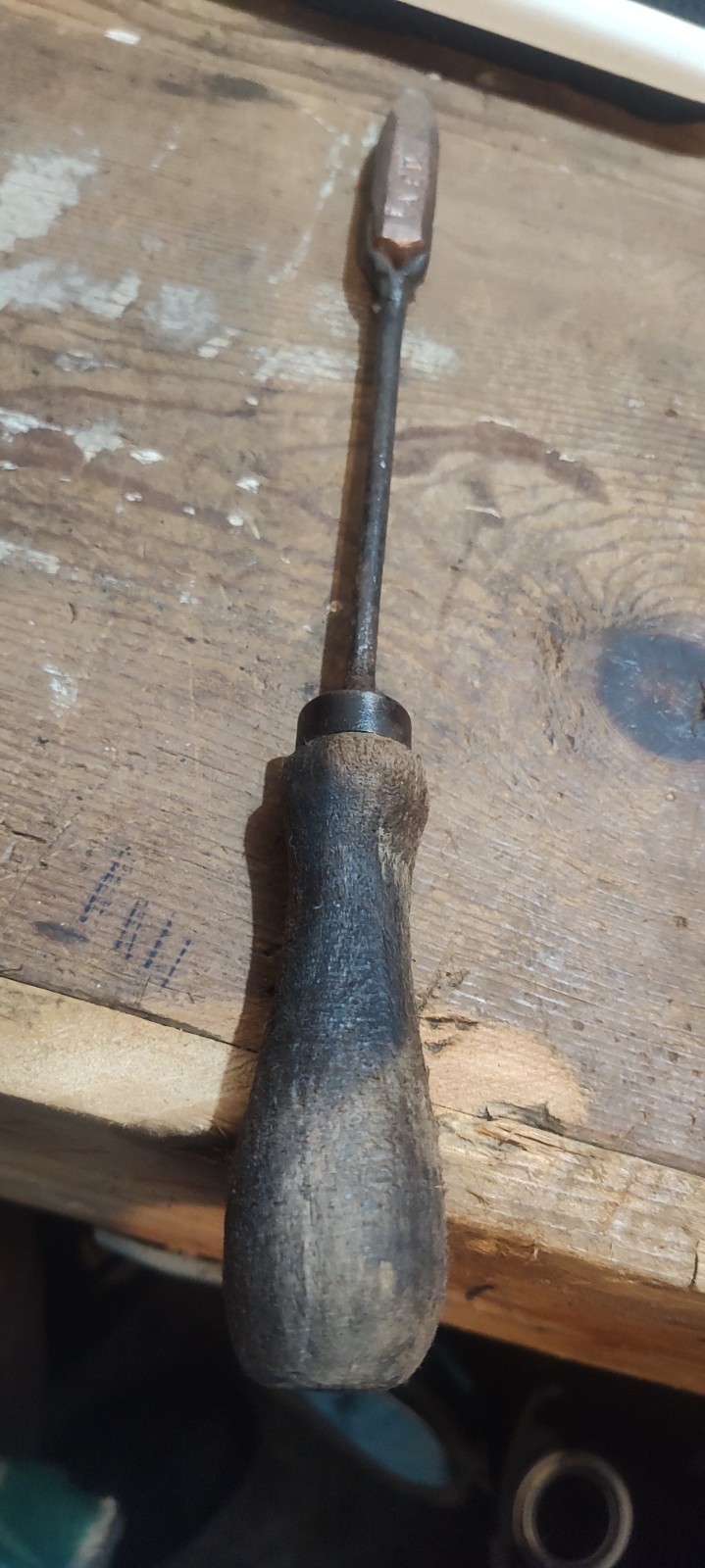 Soldering iron, flame heated copper tip with wood handle, Initial D.A.E .D