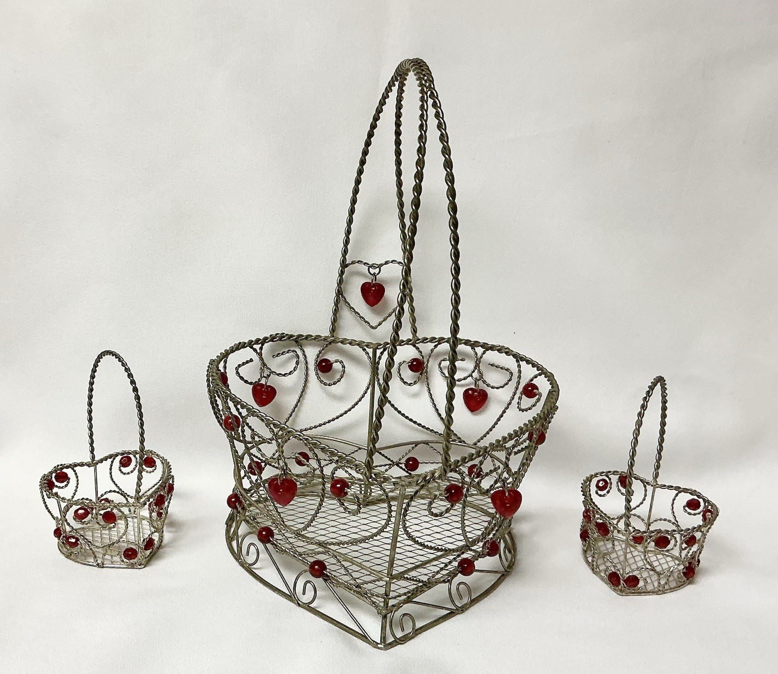 3 Heart Shaped Wire Baskets With Red Beads